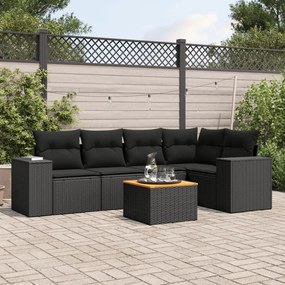 6 pcs conjunto sofás de jardim c/ almofadões vime PE preto