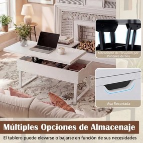 Mesa de centro conversível 3 em 1 com tampo elevável 100 x 50 x 49 cm e 3 compartimentos ocultos de madeira para sala de estar Branca