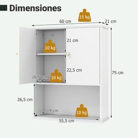 Armário de casa de banho de Parede 60 x 21 x 75 cm com 2 Portas com Prateleira Aberta e Ajustável Branco