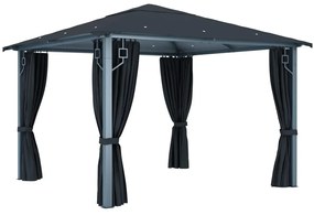 Gazebo c/ cortinas e cordões luzes LED 3x3 m alumínio antracite