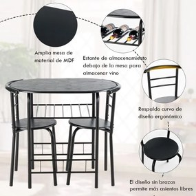 Conjunto de jantar Mesa de jantar em madeira e metal e 2 cadeiras de jantar com Estante para vinho para cozinha Preto