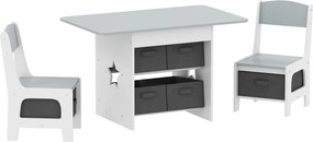 Mesa Infantil com 2 Cadeiras Mesa e Cadeiras para Crianças com 6 Gavetas de Tecido Desenho Estrelas Cinza Claro