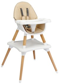 Cadeira refeições bebé alta conversível de madeira 4 em 1 com arnês de 5 pontas com bandeja removível e ajustável em 4 posições e almofada Bege