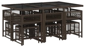 11 pcs conjunto jantar p/ jardim c/ almofadões vime PE castanho