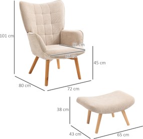 Poltrona com apoio para os pés, encosto alto, pernas de madeira e tecido com aspeto de veludo canelado, para sala de estar ou quarto, na cor bege