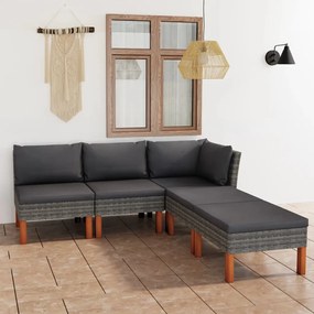 5 pcs conjunto lounge de jardim c/ almofadões vime PE cinzento