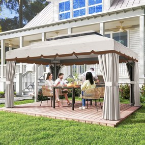 Pérgola de Jardim 390x290x270 cm com 4 Cortinas Laterais 4 Telas Mosquiteiras e 8 Orifícios de Drenagem Creme