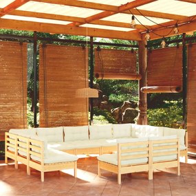 vidaXL 11 pcs conjunto lounge jardim c/ almofadões creme pinho maciço