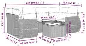 7 pcs conjunto sofás p/ jardim c/ almofadões vime PE cinzento