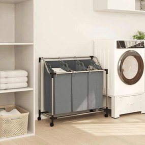 Cesto para roupa suja com rodas 3 compartimentos cinzento
