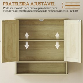 Armário de Parede com Espelho para Casa de Banho 2 Portas Prateleira Aberta e Ajustável 56x13x58 cm Madeira