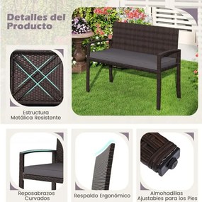 Banco jardim de vime para 2 pessoas 10 x 56 x 84 cm com almofada acolchoada, assento macio, encosto e apoios para os braços - castanho e cinzenta