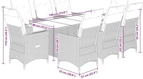 9 pcs conjunto de jantar p/ jardim c/ almofadões vime PE cinza