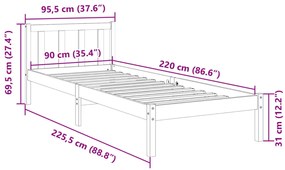 Cama extra longa sem colchão 90x220 cm pinho maciço branco