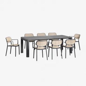Conjunto De Mesa Retangular Arnadine (220x100 Cm) E 8 Cadeiras De Jardim Empilháveis Omara Com Braços Cinza Grafito - Sklum