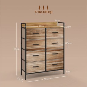 Móvel de arrumação 79 x 29 x 101 cm com 8 gavetas tecido removíveis, prateleira superior e estrutura em aço cor carvalho, preto
