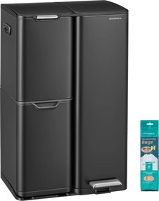 Caixote do lixo de cozinha com pedal e 3 compartimentos, 60 L, 46,7 x 39 x 71,9 cm, preto