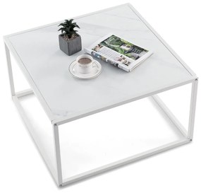 Mesa de centro quadrada moderna com tampo em imitação de mármore Estrutura de aço 70 x 70 x 40 cm Branco