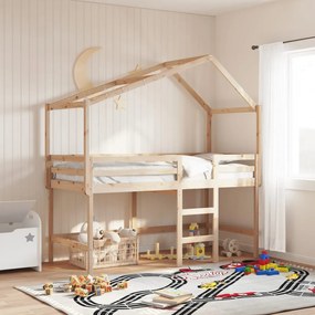 vidaXL Cama alta c/ escada e telhado 90x200 cm pinho maciço