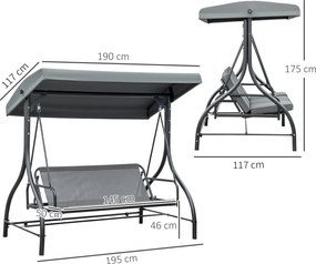 Baloiço de jardim de 3 lugares, conversível, com inclinação e teto ajustáveis, colchão de grande conforto e estofamento de 7 cm incluído Cinzento