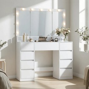 Toucador com iluminação LED 40 x 107 x 144 cm com espelho rebatível e gavetas branco