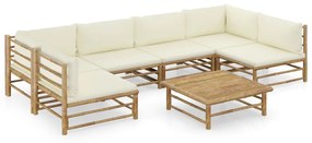 vidaXL 7 pcs conj. lounge p/ jardim em bambu c/ almofadões branco nata