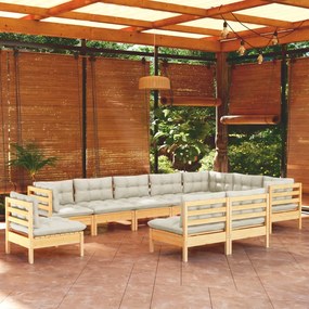 vidaXL 10 pcs conjunto lounge jardim c/ almofadões creme pinho maciço