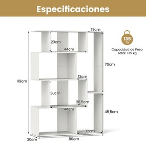Estante em forma de S com 4 níveis, 6 compartimentos abertos e 2 dispositivos antiderrapantes para escritório ou estúdio, 80 x 30 x 119 cm, branco
