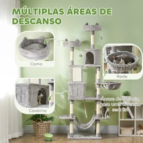 Arranhador para Gatos Grande Altura 173 cm Torre para Gatos com Plataformas Caverna Bolas Suspensa e Rede Cinza Claro