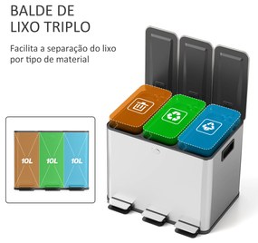 Balde de Lixo de Cozinha com 3 Compartimentos 3x10L com Pedais Tampas com Fechamento Suave e Cubo Amovível 49,6x34,5x38,6 cm Prata