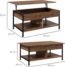Mesa de centro  100 x 80 x 60 cm elevável com compartimento oculto, 2 prateleiras inferiores,, castanho rústico e preto