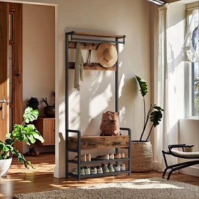 Movel entrada Hall com banco para sapatos e 10 ganchos 30 x 80,4 x 181,6 cm Castanho vintage-Preto