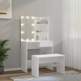 Conjunto toucador com LED madeira processada branco brilhante