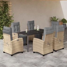 7 pcs conj. jantar jardim c/ almofadões vime PE bege misturado