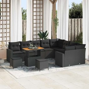 vidaXL Conjunto de Sofás de Jardim de 12 Peças com Almofadas Preto Rattan Sintético Acácia