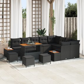 Conjunto de Sofá de Jardim vidaXL com Almofadas Preto Vime PE Acácia,