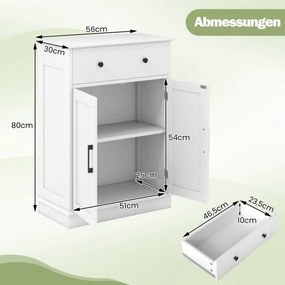 Armário de casa de banho com gaveta, portas e prateleira ajustável 56 x 30 x 80 cm branco