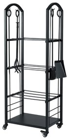 Estante para lenha 47 x 33 x 122 cm de 4 níveis com rodas e conjunto de 5 ferramentas. Inclui tenaz, atiçador, vassoura e pá para interior e exterior.
