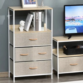 Cómoda com 4 Gavetas Dobráveis e Prateleira Aberta Cómoda com Gavetas de Tecido Anti-Tombo 58x29x103cm Madeira e Cinza Claro