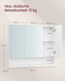 Armário de casa de banho parede com 3 portas 16,5 x 90 x 75 cm branco