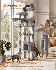 Arrranhador para gatos Grande 55 x 45 x 206 cm com placas para arranhar e sisal, 55 x 45 x 206 cm cinzento claro