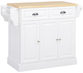 HOMCOM Ilha de Cozinha com Rodas 2 Gavetas 3 Armários Suporte para Panos e para Temperos para Sala de Jantar 110x45x89cm Branco | Aosom Portugal