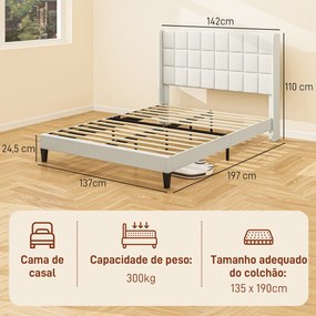 Estrutura de Cama 135x190 cm com Cabeceira Estofada em Linho e Espaço de Armazenamento Debaixo da Cama Bege