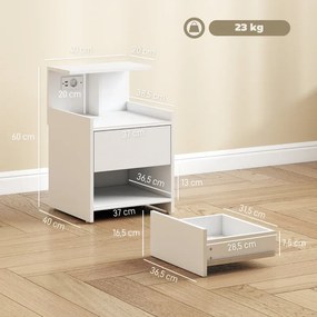 Mesa de Cabeceira 40x40x60 cm com Estação de Carregamento e Portas USB Gaveta e Prateleiras Abertas Branco