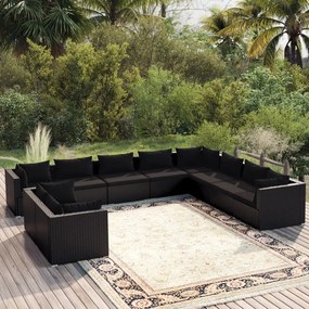 vidaXL 10 pcs conjunto lounge de jardim c/ almofadões vime PE preto