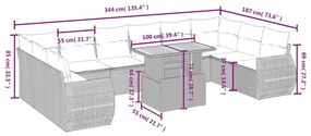 11 pcs conjunto sofás de jardim c/ almofadões vime PE cinzento