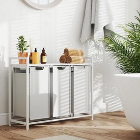 Cesto para roupa suja com 3 compartimentos e prateleira de 114 L, 92,5 x 33 x 72 cm branco