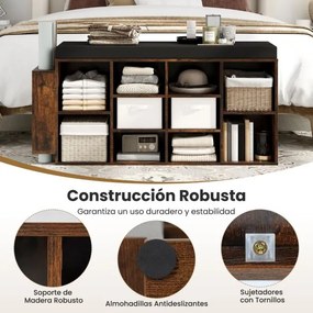 Banco sapateira 30 x 110 x 52,5 cm com suporte para guarda-chuvas, 10 compartimentos, assento acolchoado e prateleiras ajustáveis, Café