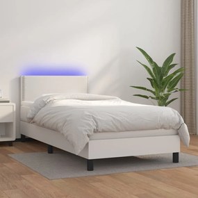 Cama box spring c/ colchão/LED 90x200cm couro artificial branco