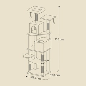 Arranhador com 2 plataformas superiores e 2 cavernas 49 x 40 x 155 cm cinzento
